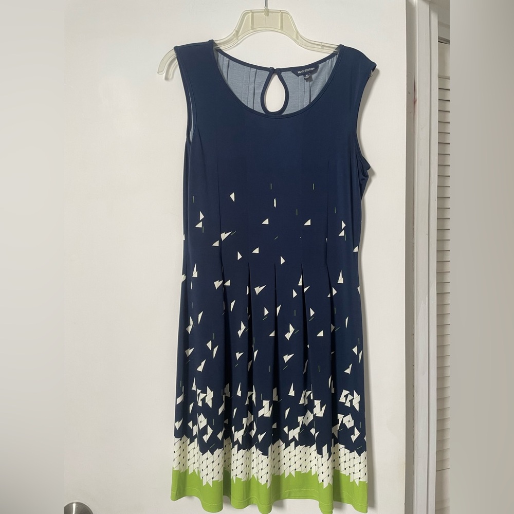 Max Edition Navy Printed Sleeveless A-Line Dress with Lime Hem